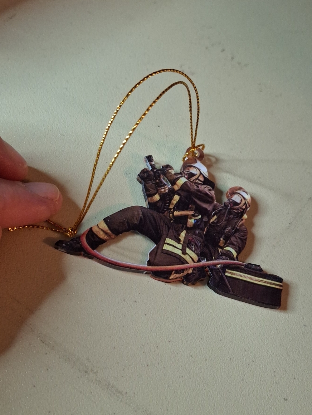 Gold Cord Hanging Ornament - Firefighter Scene New